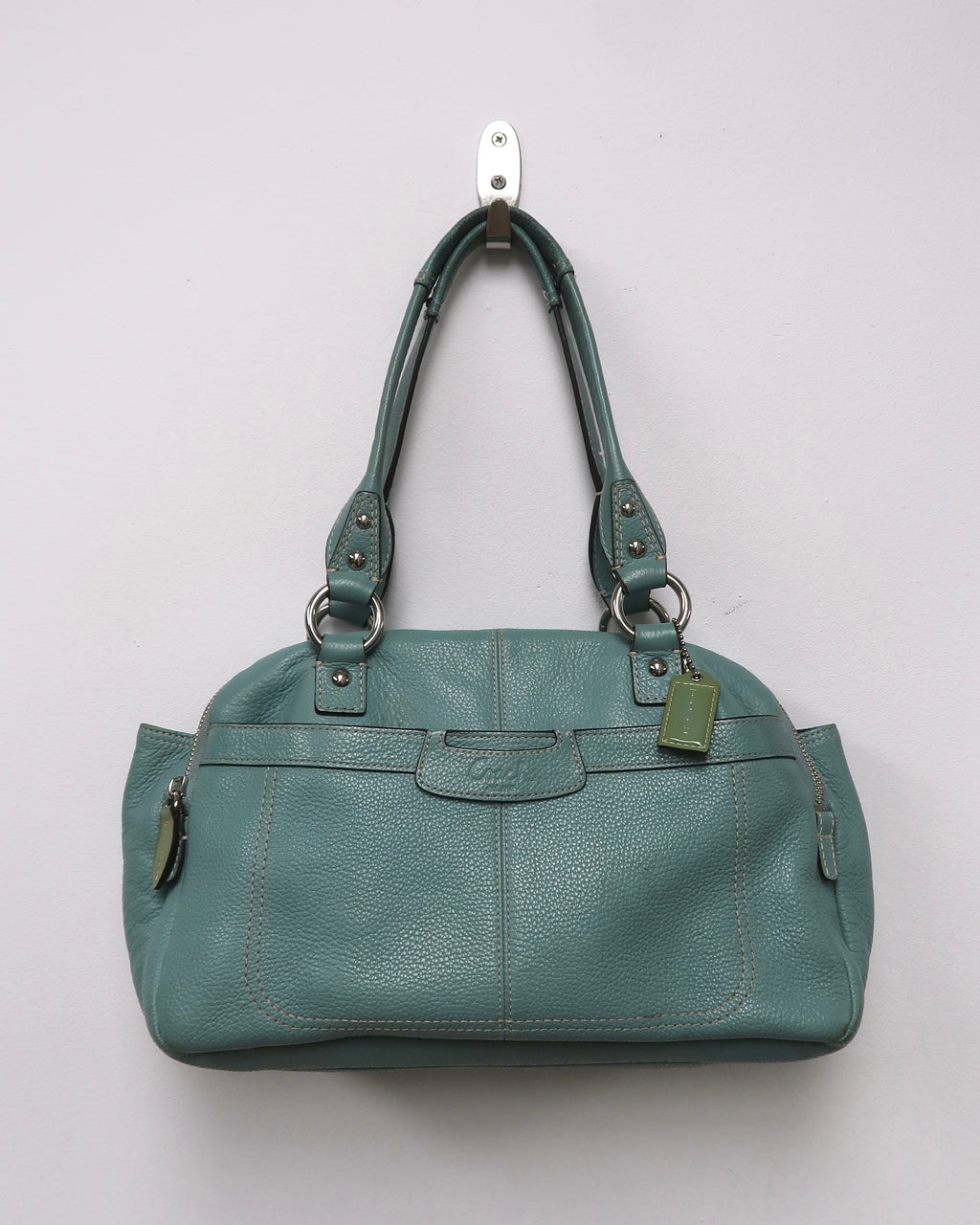 Coach Penelope Aqua Blue Pebbled Leather Zipper Closure Tote Shoulder Bag