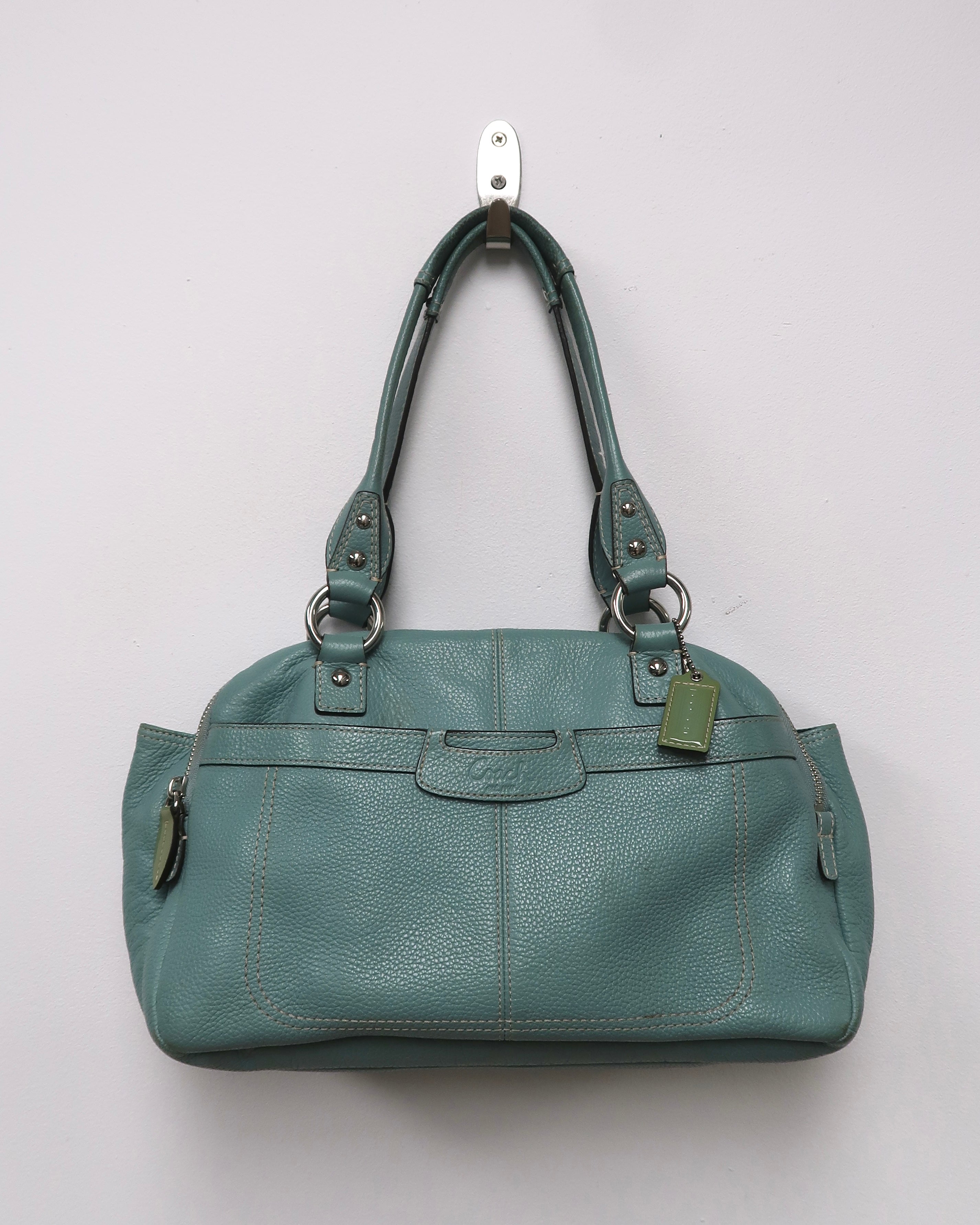 Coach Penelope Aqua Blue Pebbled Leather Zipper Closure Tote Shoulder Bag