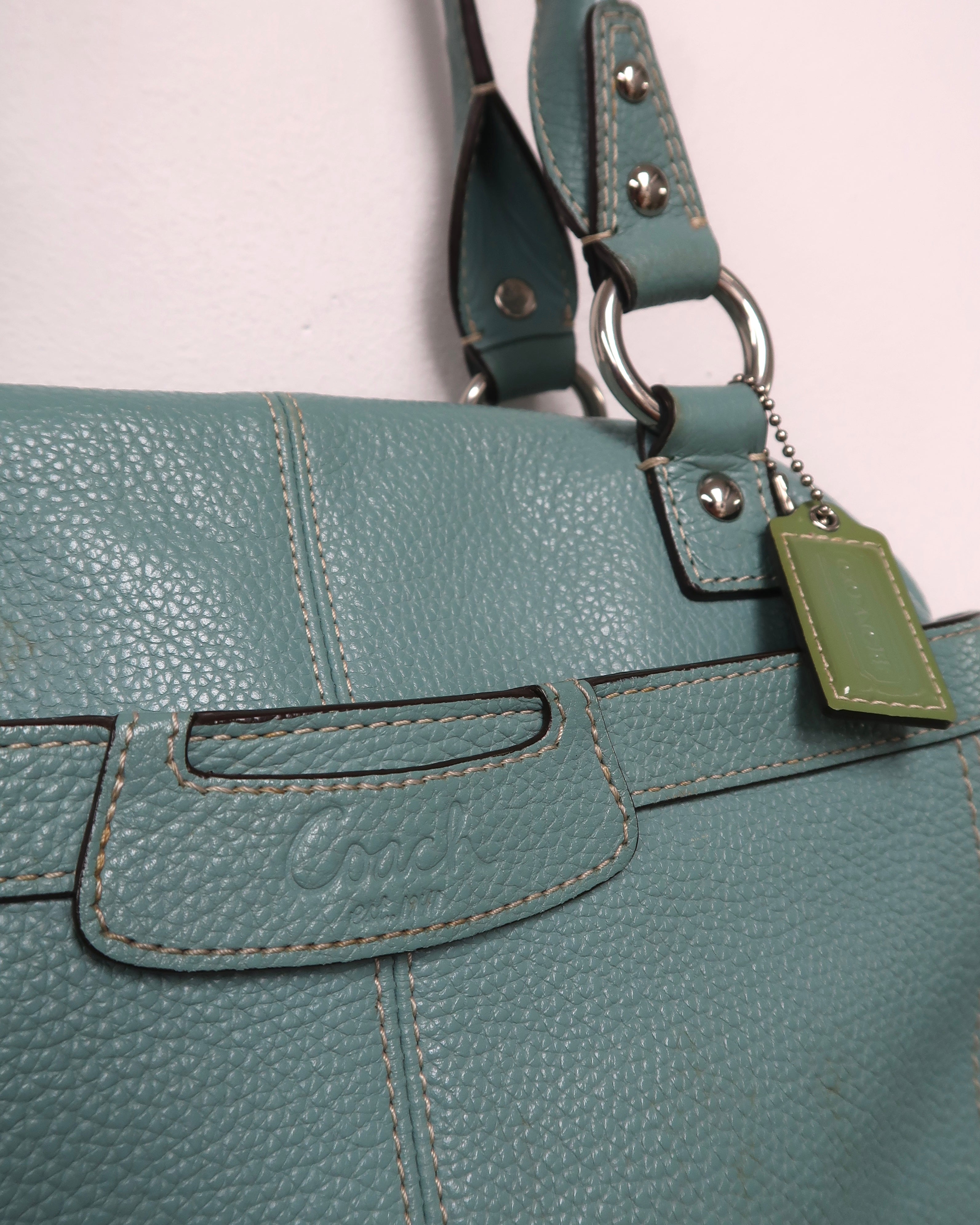 Coach Penelope Aqua Blue Pebbled Leather Zipper Closure Tote Shoulder Bag