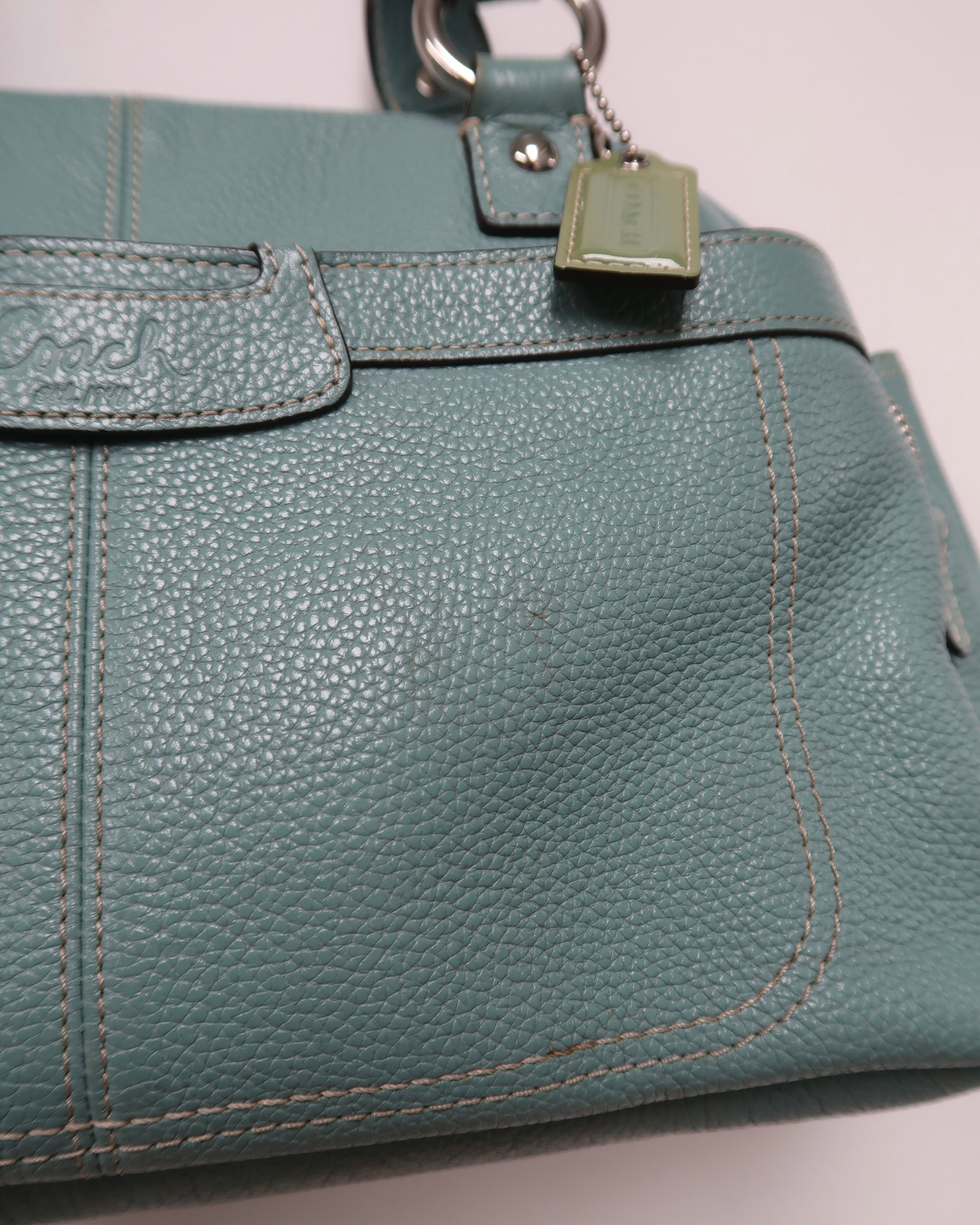 Coach Penelope Aqua Blue Pebbled Leather Zipper Closure Tote Shoulder Bag