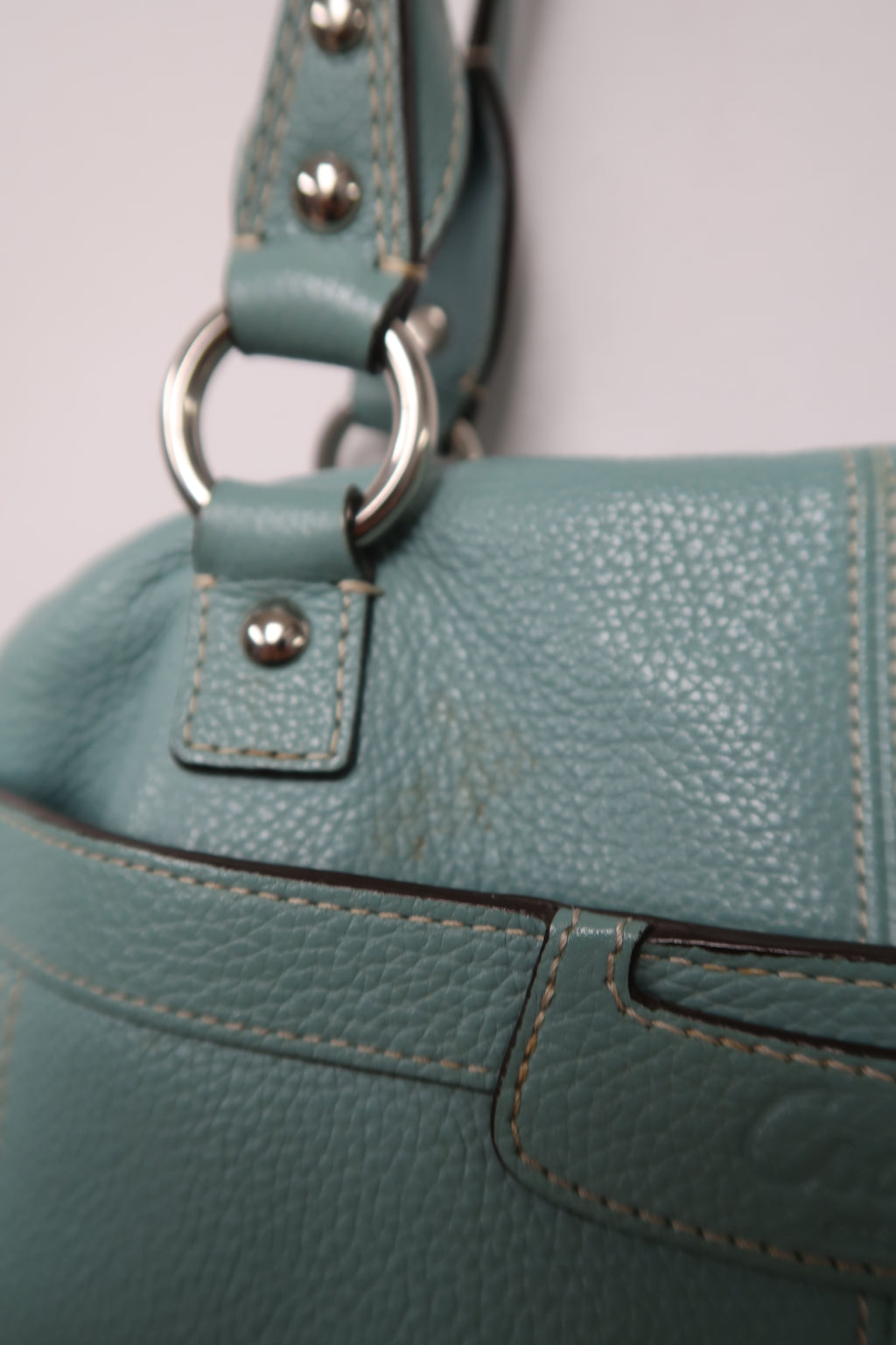 Coach Penelope Aqua Blue Pebbled Leather Zipper Closure Tote Shoulder Bag