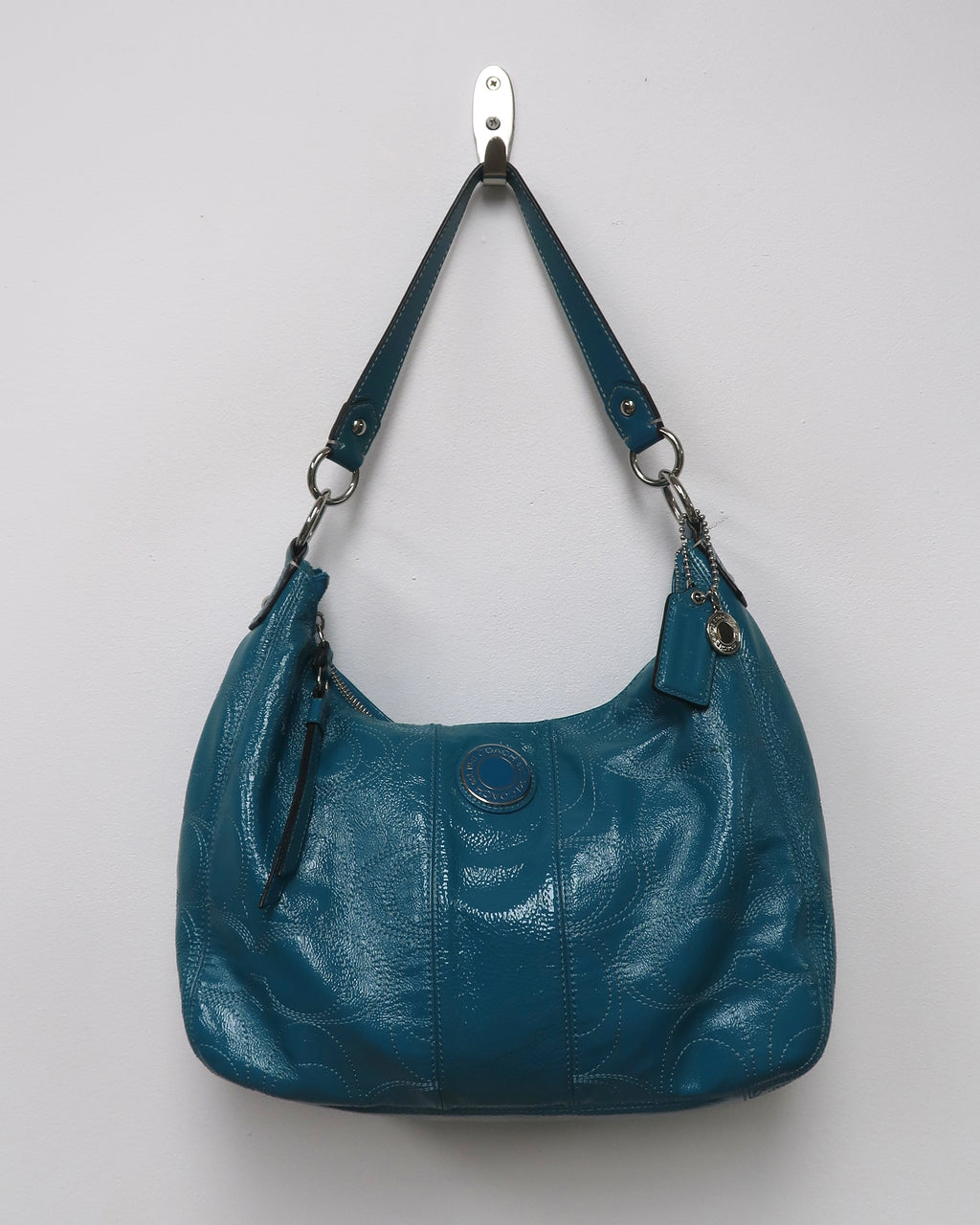teal Coach Signature Gallery patent leather shoulder bag