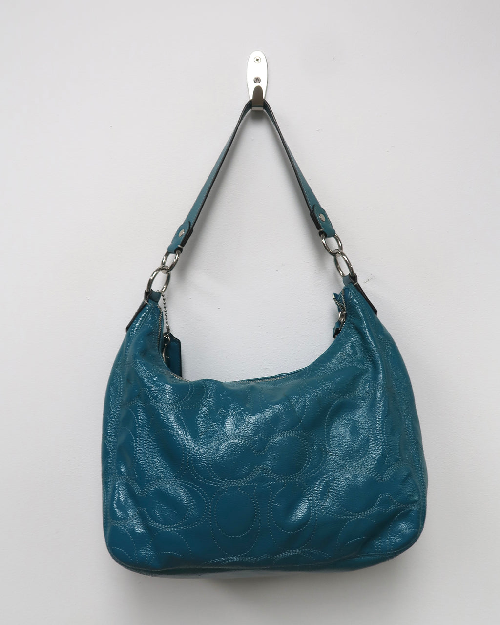 teal Coach Signature Gallery patent leather shoulder bag