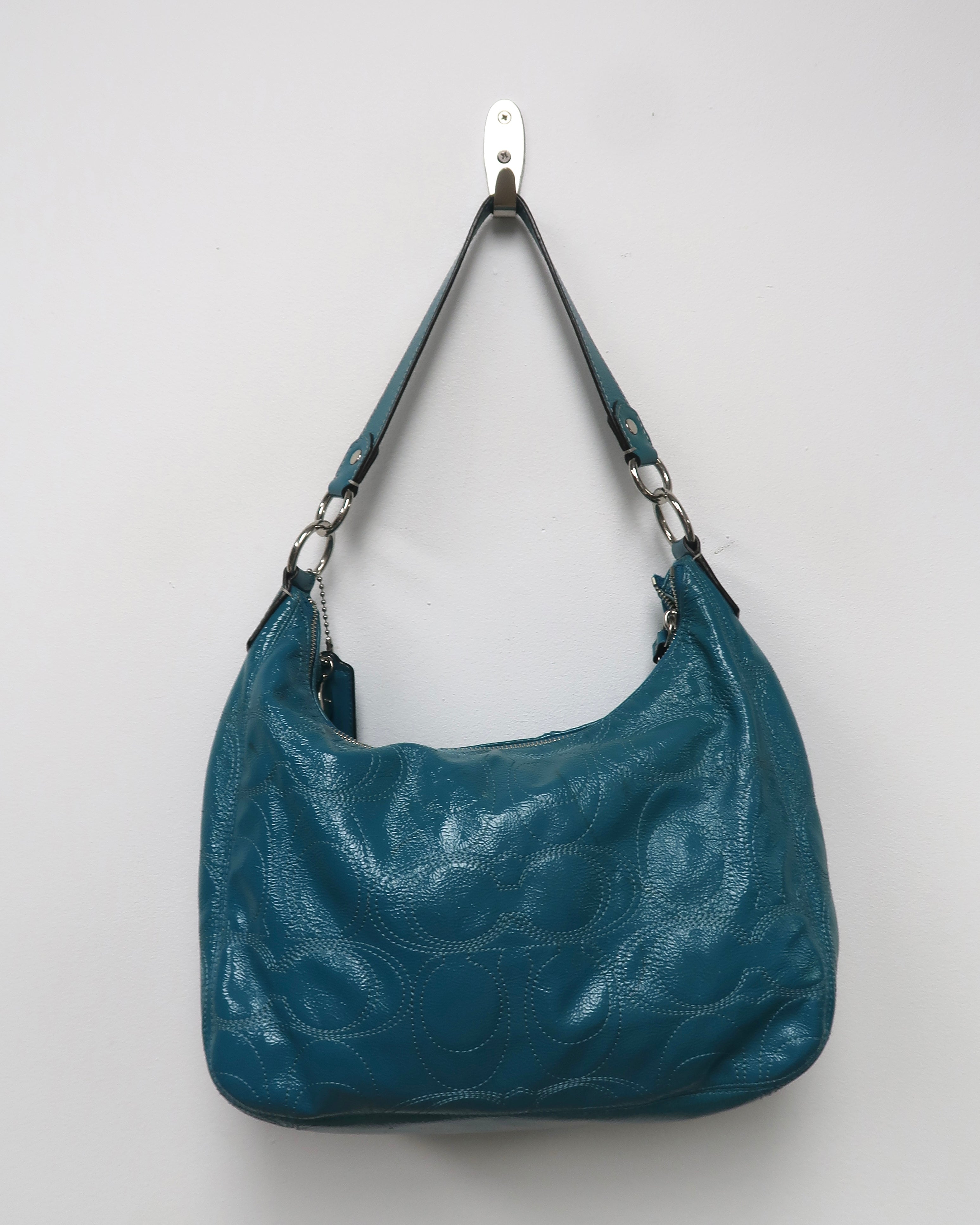 teal Coach Signature Gallery patent leather shoulder bag