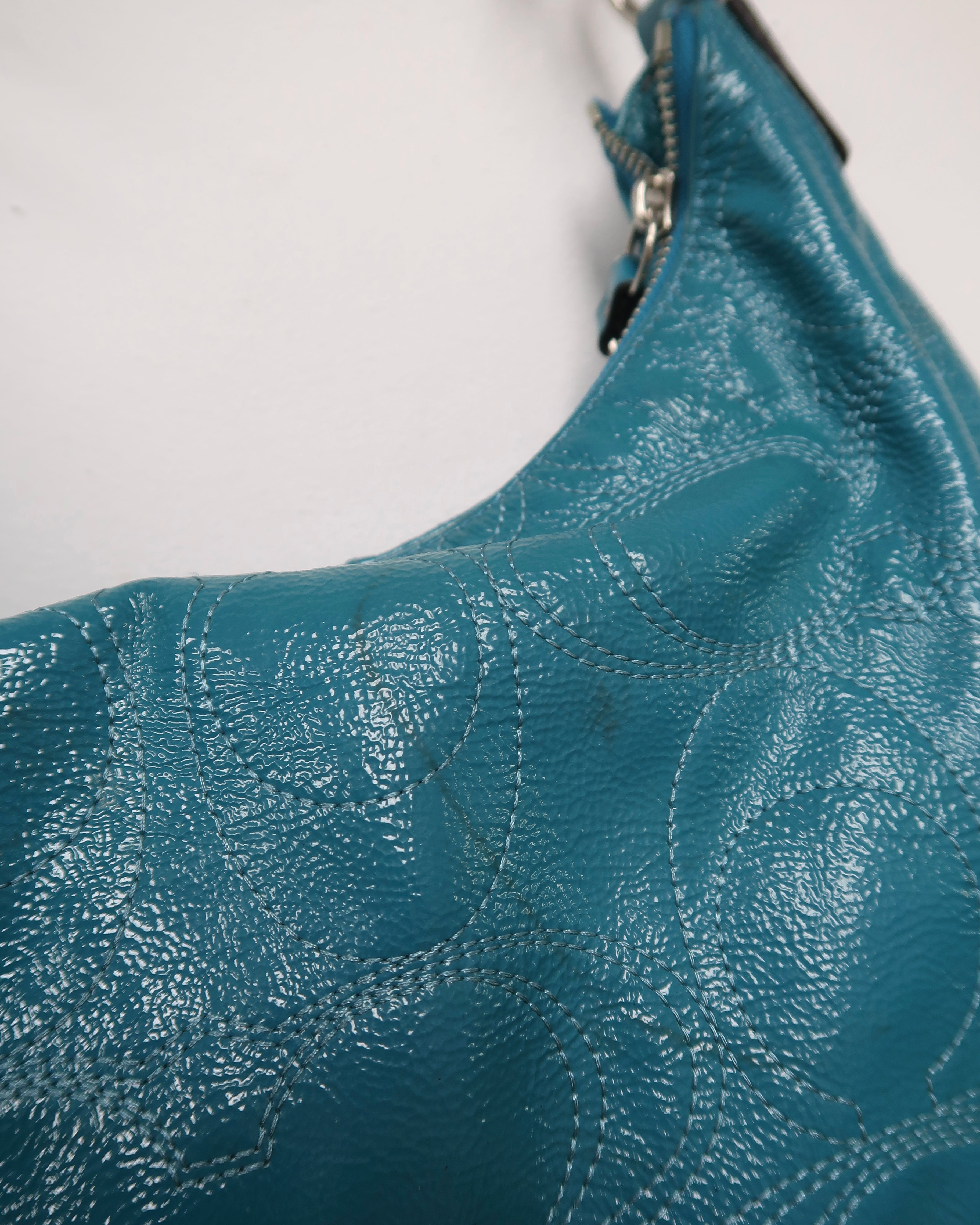 teal Coach Signature Gallery patent leather shoulder bag