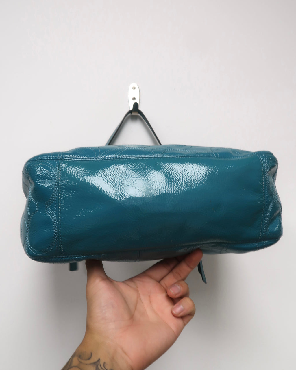 teal Coach Signature Gallery patent leather shoulder bag