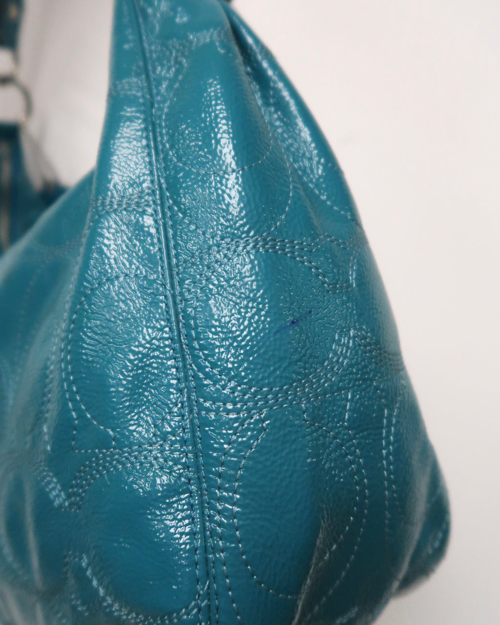 teal Coach Signature Gallery patent leather shoulder bag