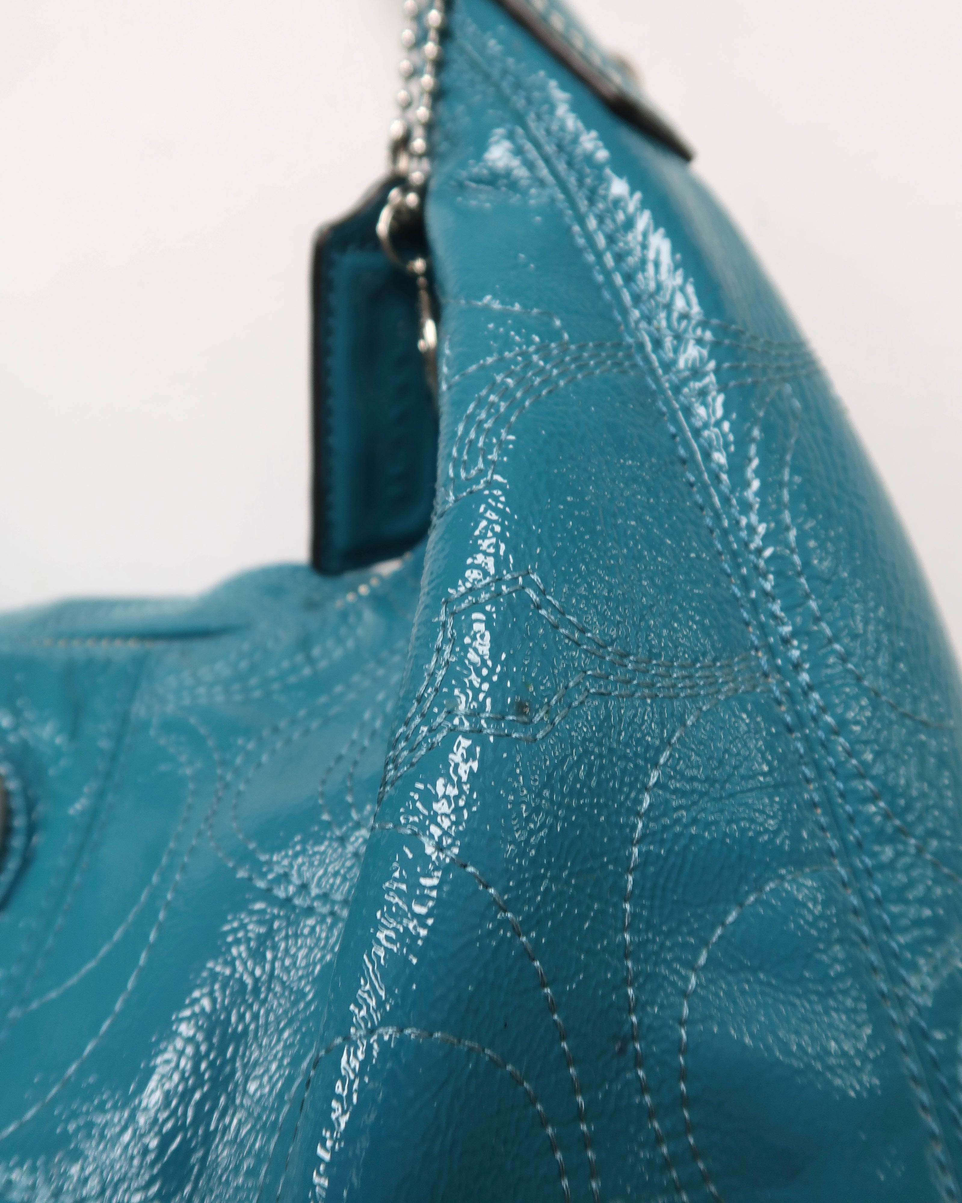 teal Coach Signature Gallery patent leather shoulder bag