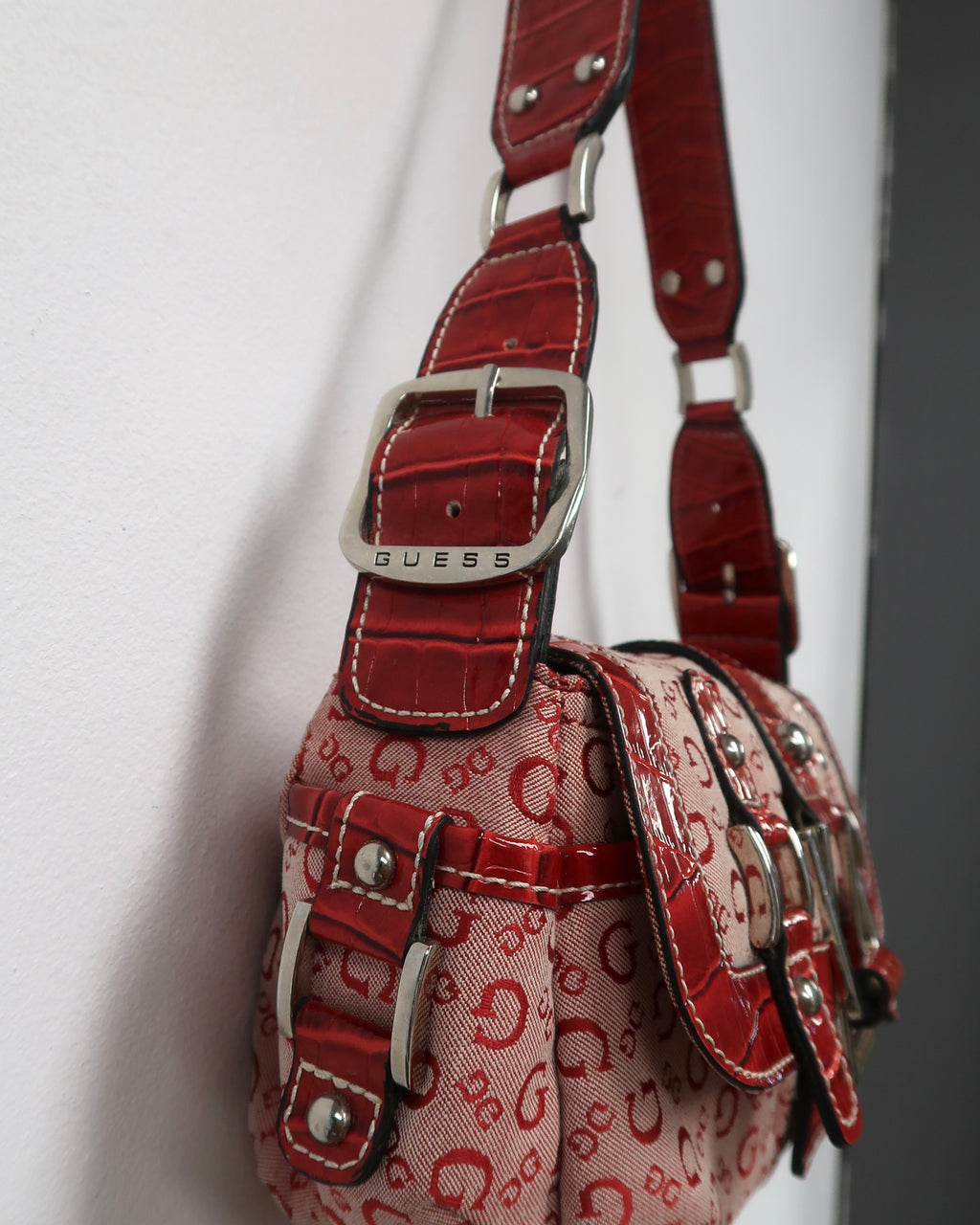 Guess red monogram shoulder bag