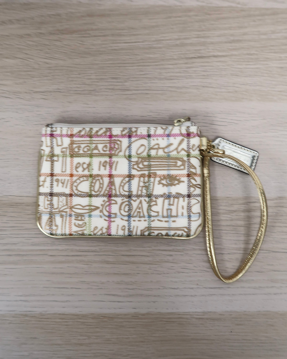 Coach Heritage Graffiti Tattersall Print Wristlet